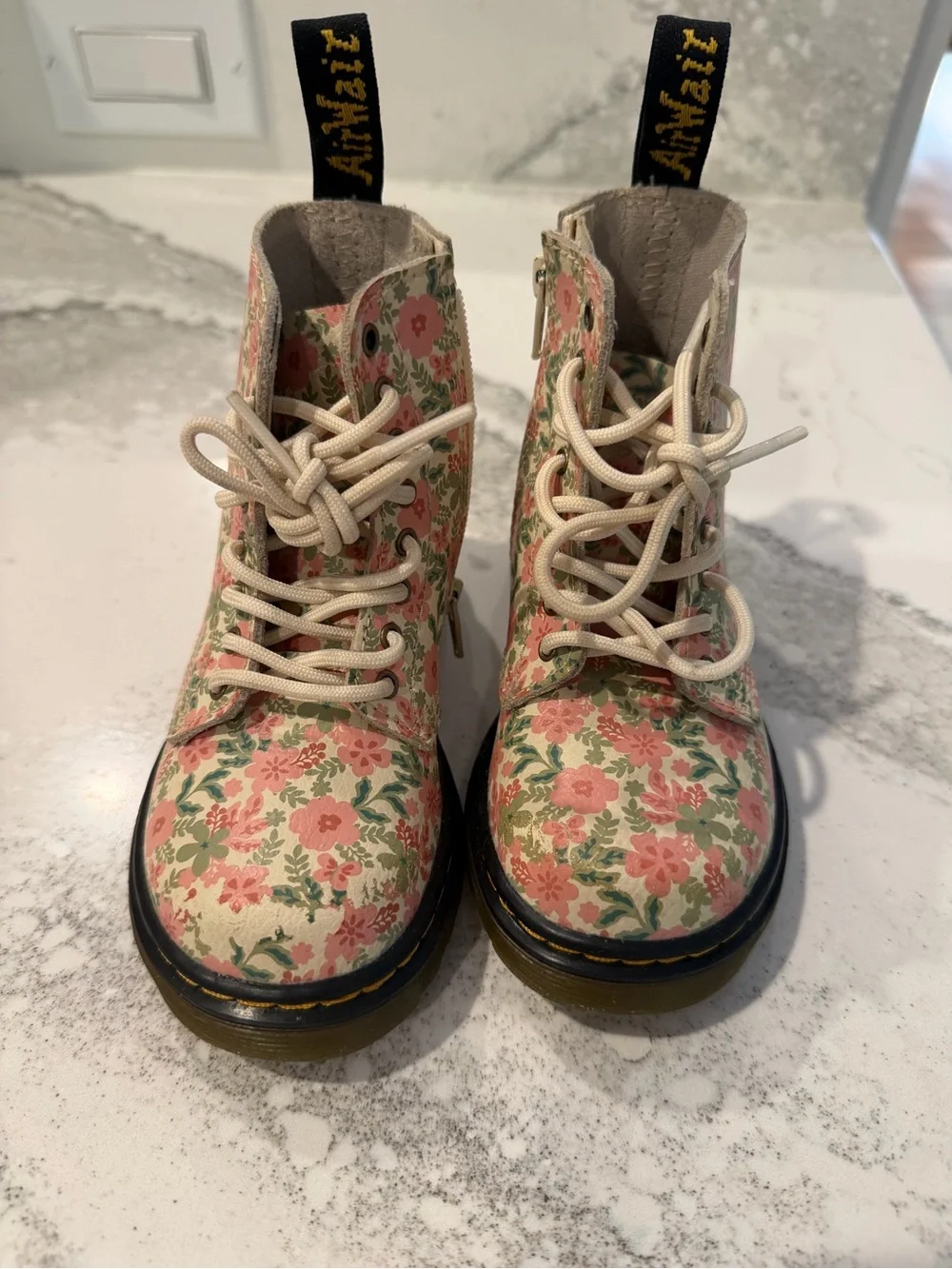 Dr. Martens Kids Floral Lace-Up Boots in Cream and Pink